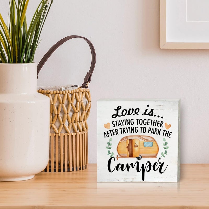 HDKY Funny Farmhouse Camping Wood Box Sign Home Decor Rustic RV Love is Staying Together Wooden Box Sign Block Plaque for Wall Tabletop Desk Decoration - Image 5